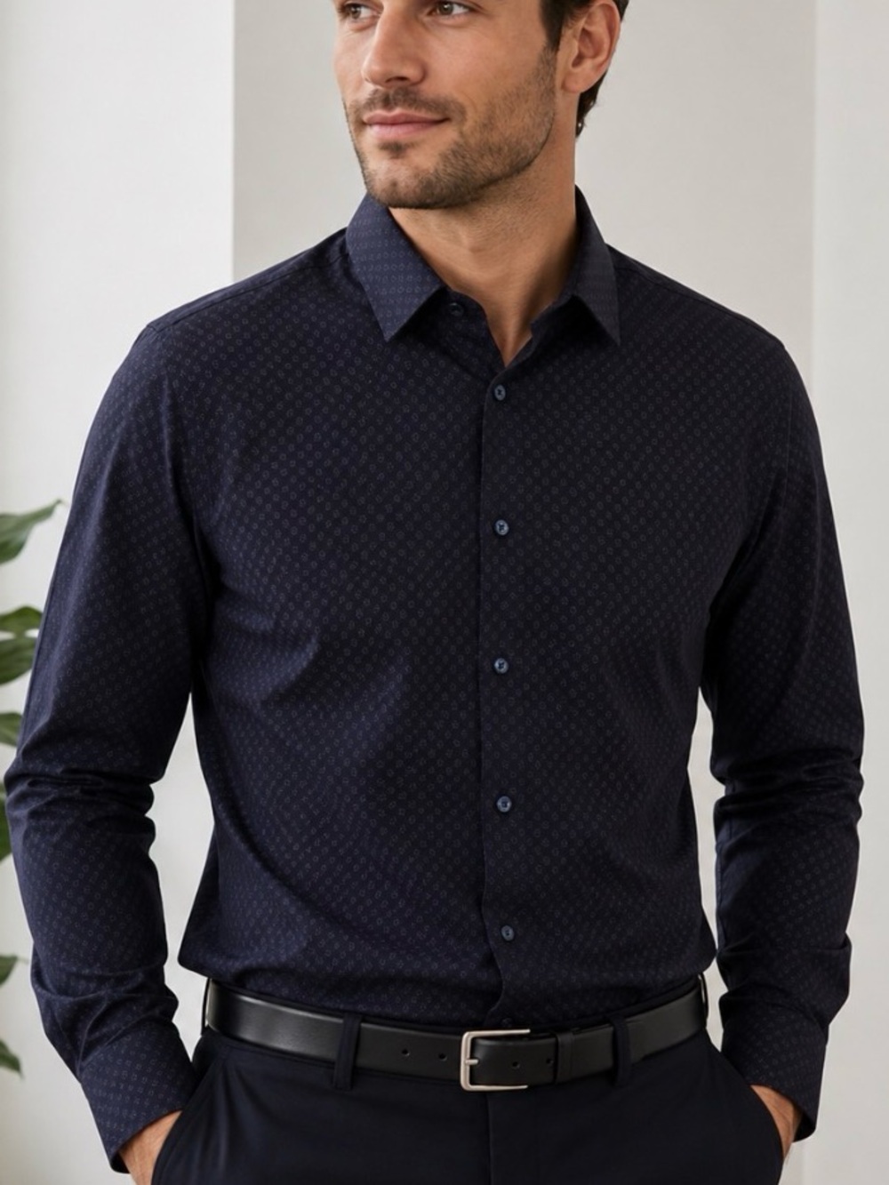 Express 1MX Slim Fit Men’s Large Navy Print Stretch Dress Shirt Large Career